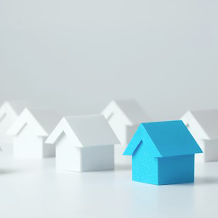 Low angle shot of a blue game piece house among a group of white houses in the same style, all in an all-white setting. 