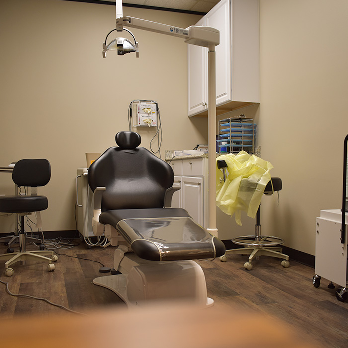 An exam room at a dental office. 