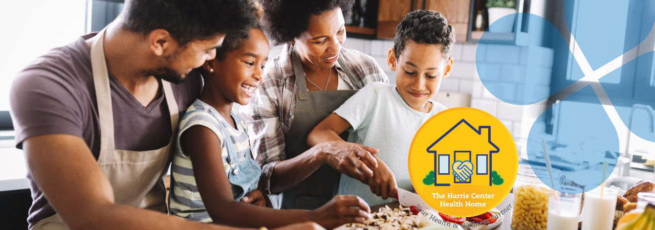 Family smiling and cooking together in a cozy kitchen setting