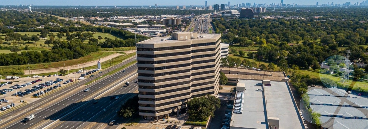 The Harris Center Headquarters from above on a busy sunny day