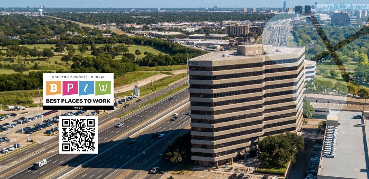 The Harris Center Headquarters from above on a busy sunny day with "Best Places to Work (Houston)" badge and the QR code for the next upcoming Hiring Event