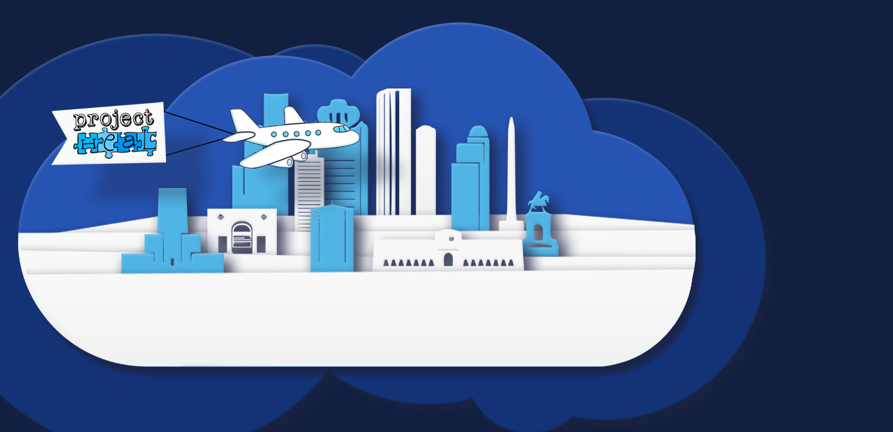 Illustration of the highlight architecture of Houston with a plane pulling a banner that says "Project Heart", all done in a layered paper cut-out style