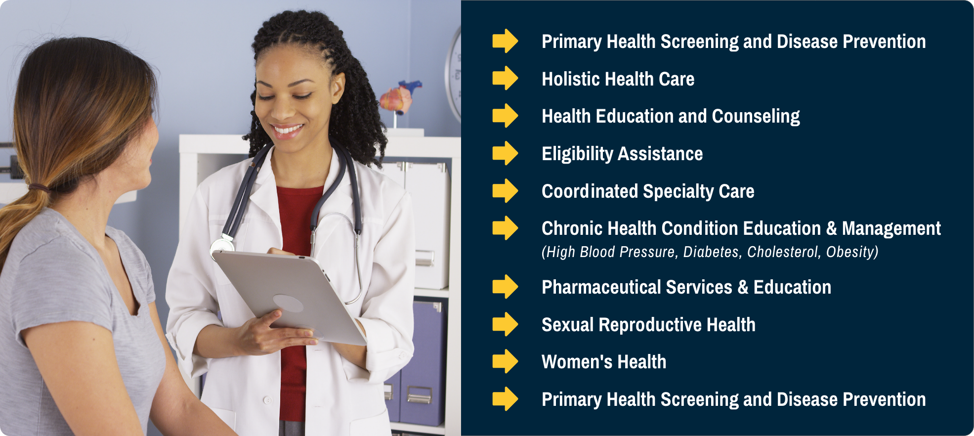Healthcare provider engaging with patient, accompanied by a list of Primary Care services provided by The Harris Center for Mental Health and IDD